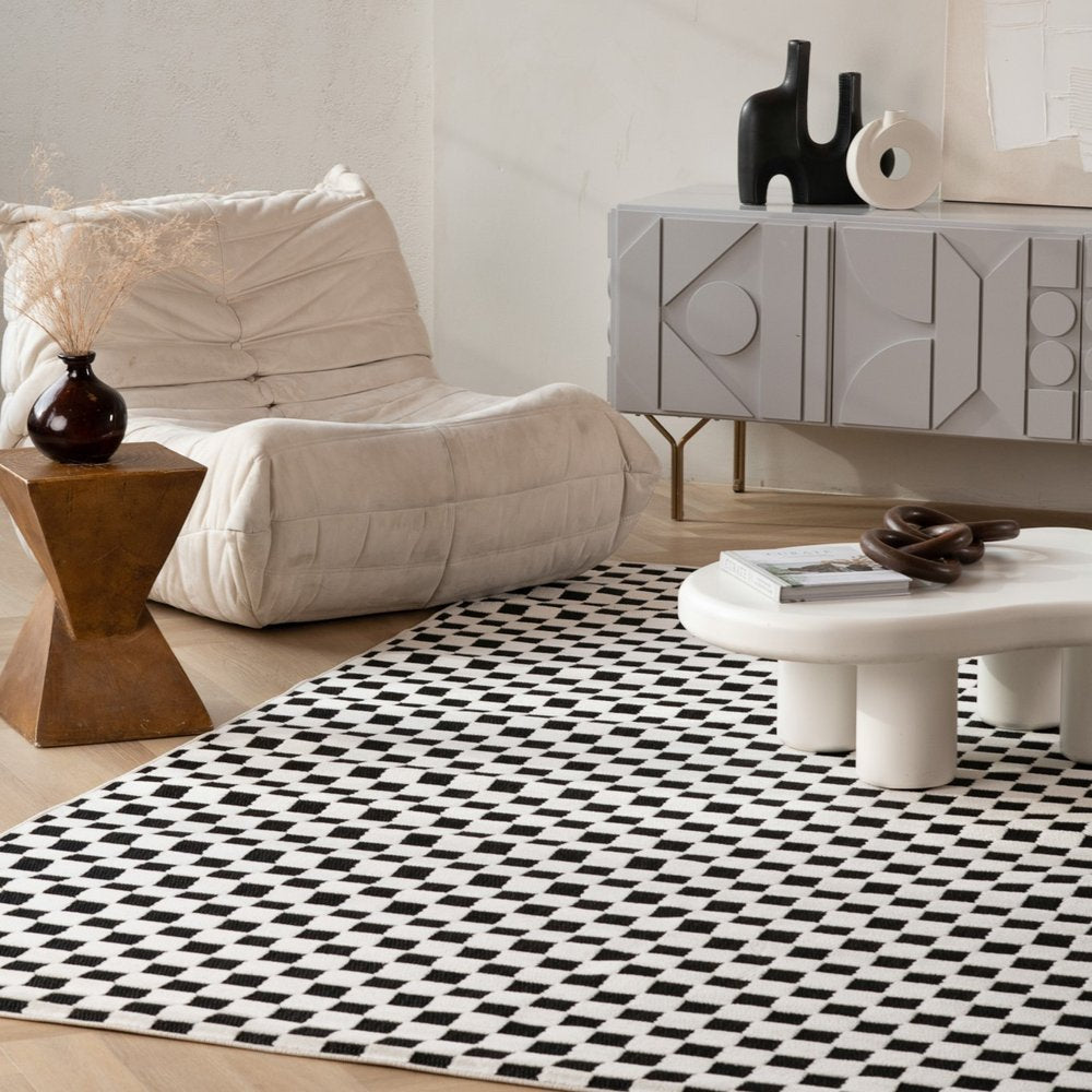 3' X 5' Black and White Geometric Distressed Indoor Outdoor Area Rug