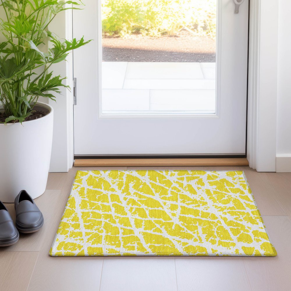 2' X 3' Yellow and White Abstract Washable Non Skid Indoor Outdoor Area Rug