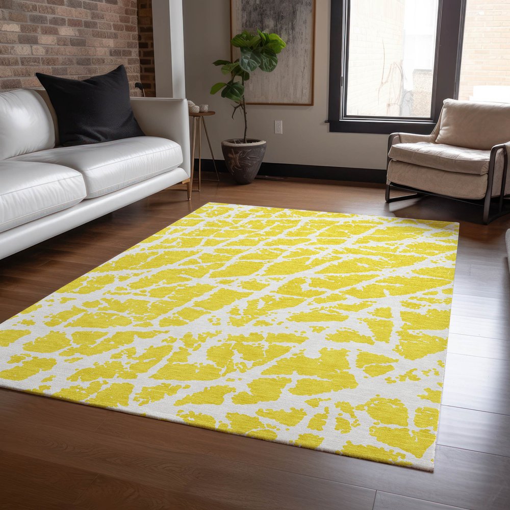 2' X 3' Yellow and White Abstract Washable Non Skid Indoor Outdoor Area Rug