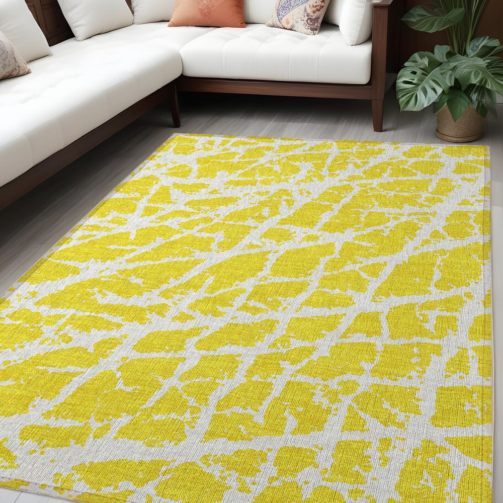 2' X 3' Yellow and White Abstract Washable Non Skid Indoor Outdoor Area Rug