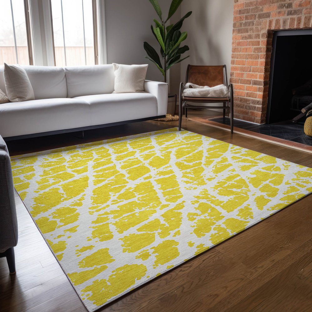 2' X 3' Yellow and White Abstract Washable Non Skid Indoor Outdoor Area Rug