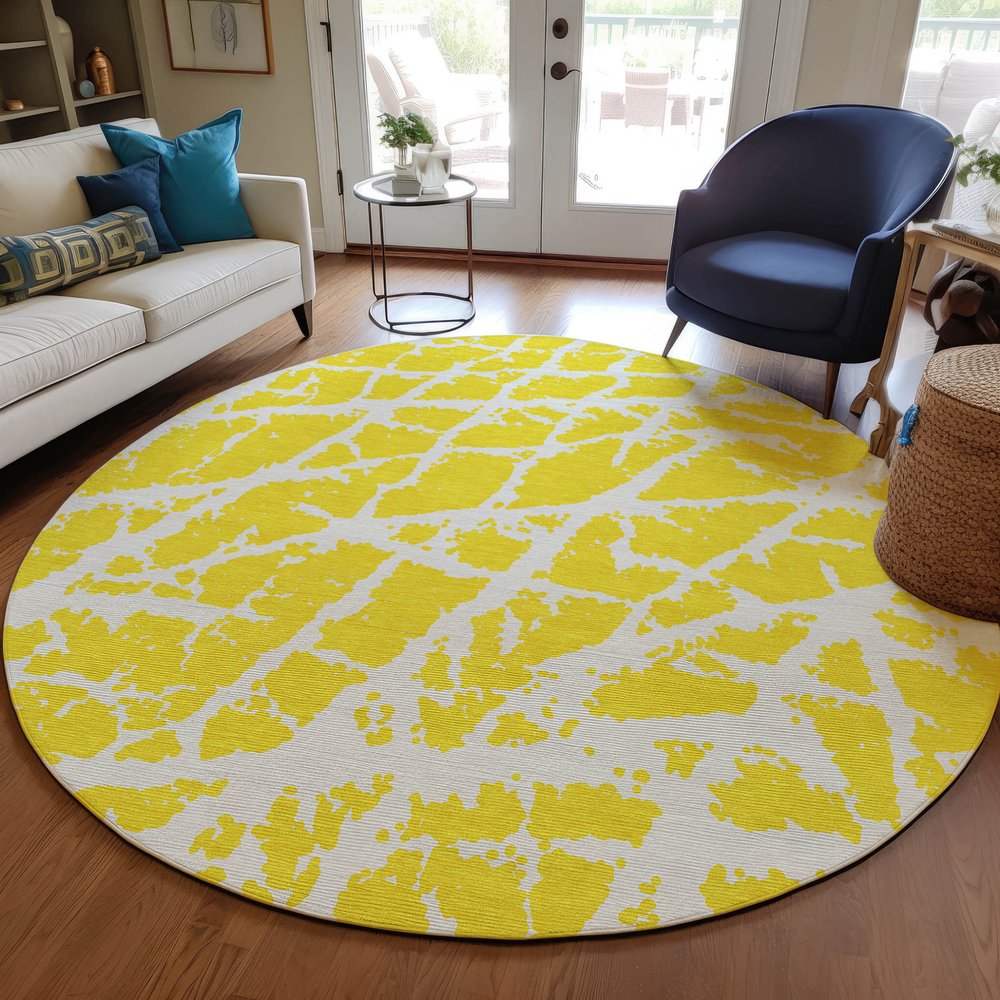 2' X 3' Yellow and White Abstract Washable Non Skid Indoor Outdoor Area Rug