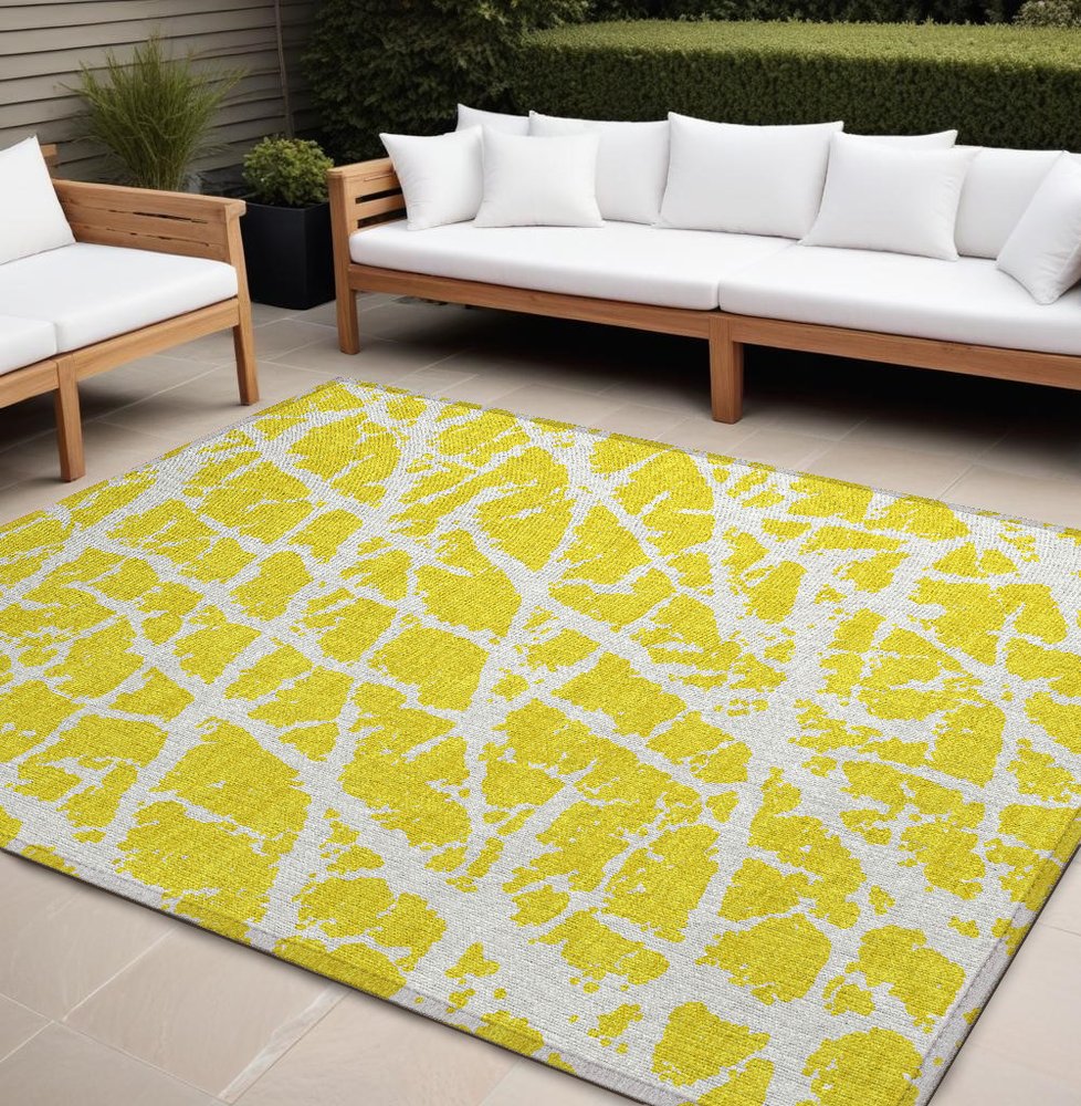 2' X 3' Yellow and White Abstract Washable Non Skid Indoor Outdoor Area Rug