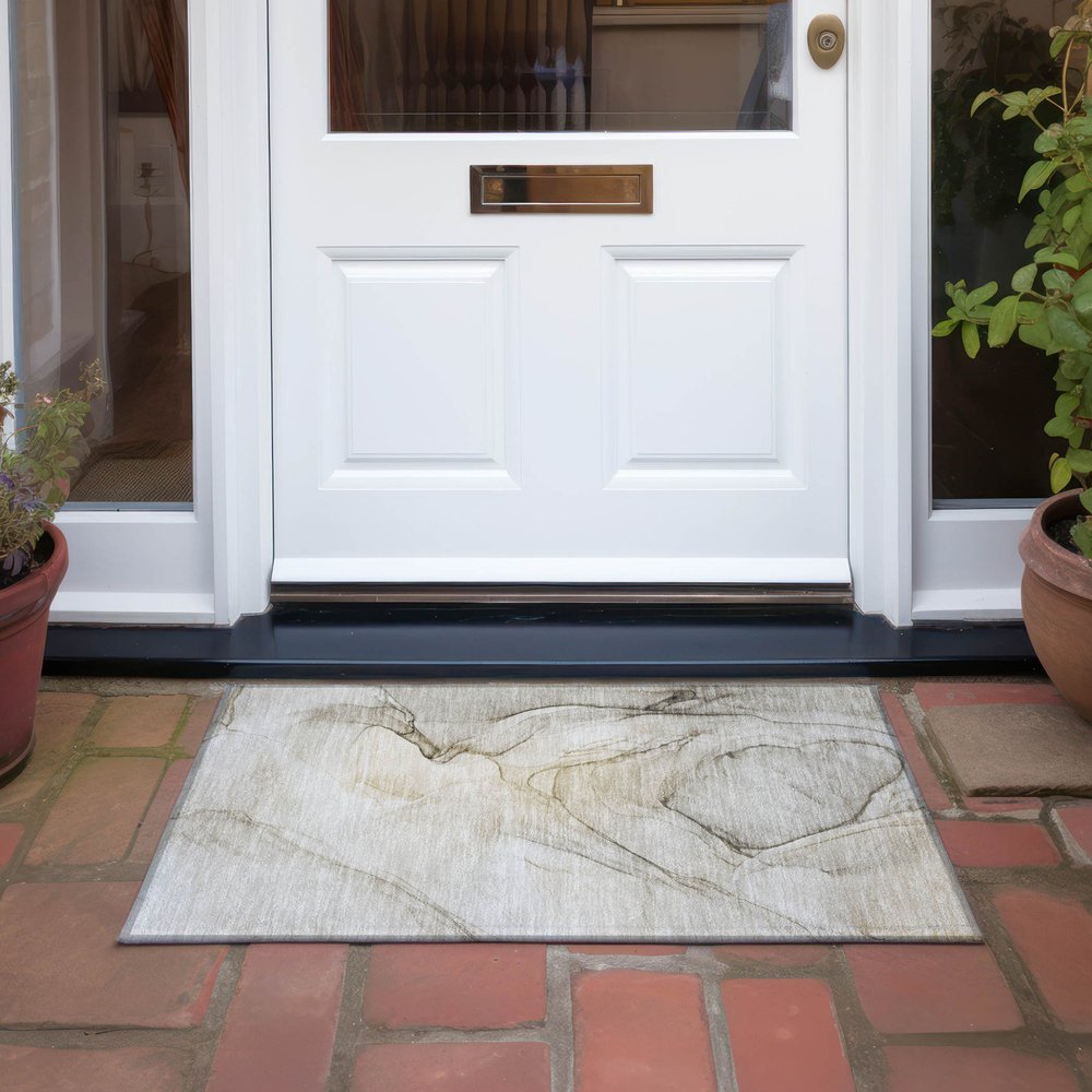 2' X 3' Beige and Gray Abstract Washable Non Skid Indoor Outdoor Area Rug