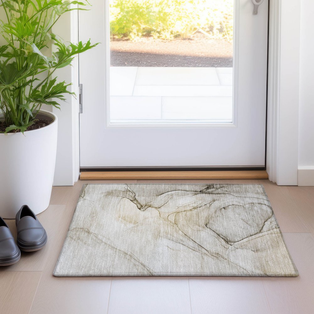 2' X 3' Beige and Gray Abstract Washable Non Skid Indoor Outdoor Area Rug