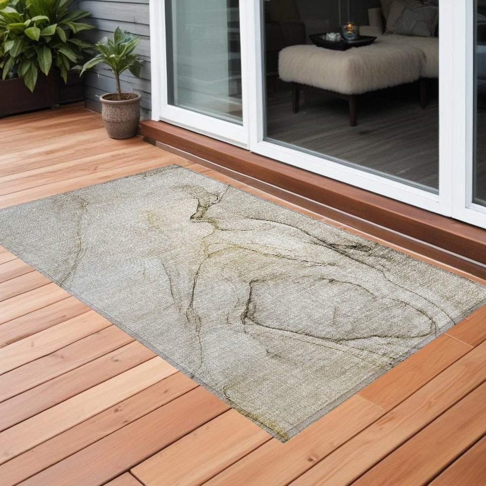 2' X 3' Beige and Gray Abstract Washable Non Skid Indoor Outdoor Area Rug