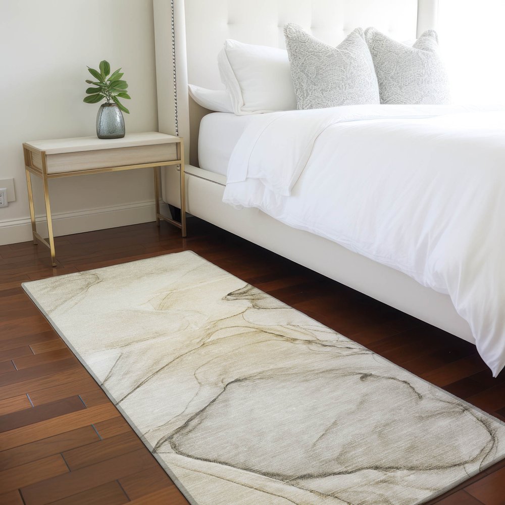 8' Runner Beige and Gray Abstract Washable Non Skid Indoor Outdoor Runner Rug