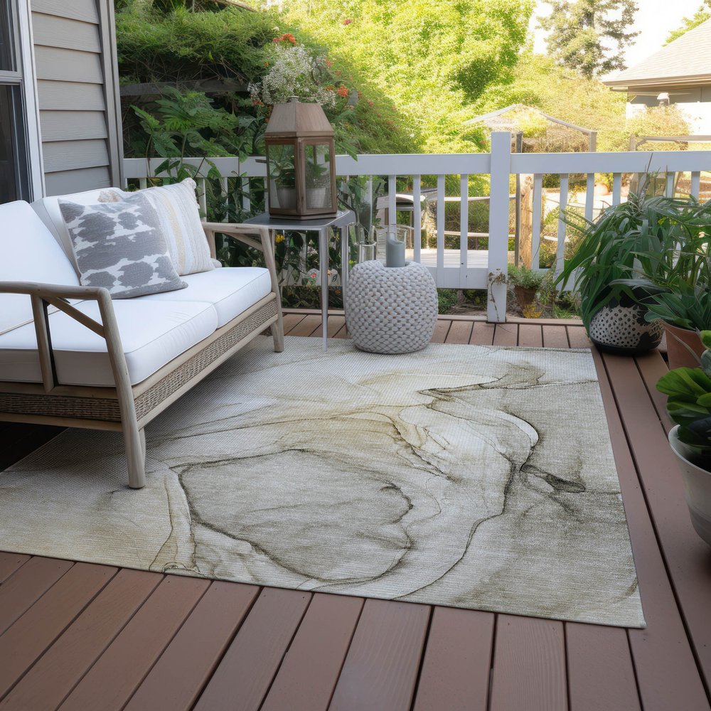2' X 3' Beige and Gray Abstract Washable Non Skid Indoor Outdoor Area Rug