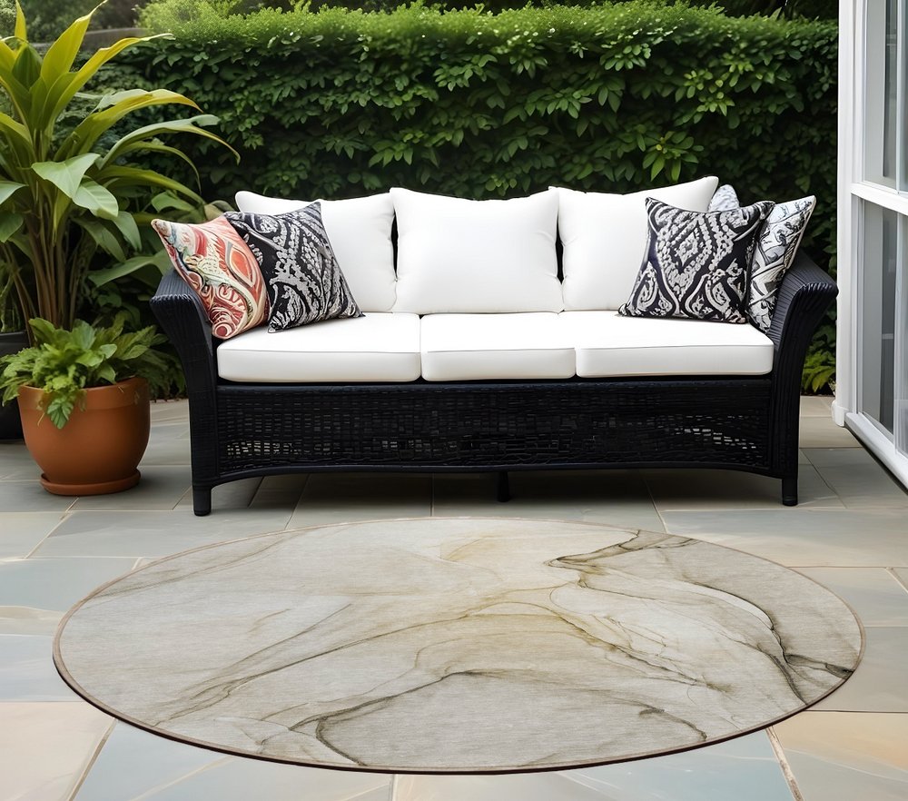 2' X 3' Beige and Gray Abstract Washable Non Skid Indoor Outdoor Area Rug