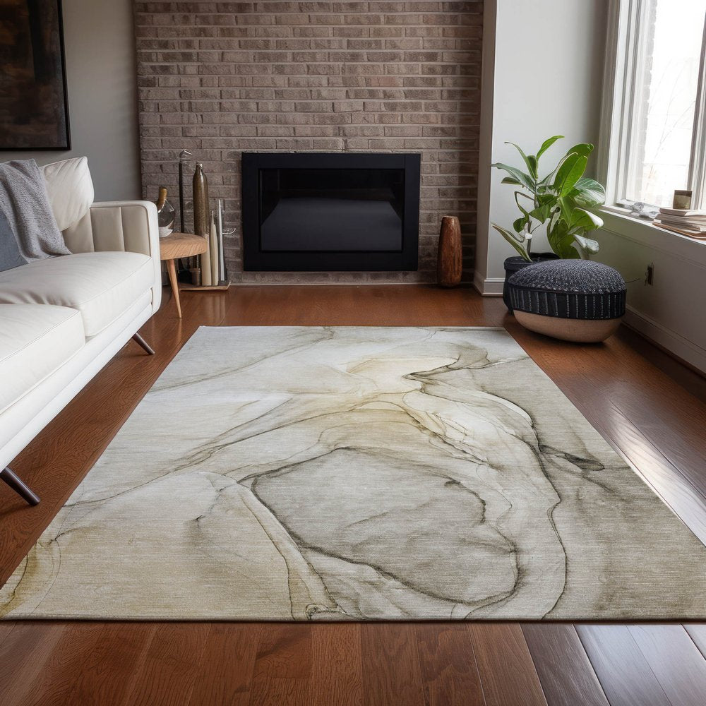 2' X 3' Beige and Gray Abstract Washable Non Skid Indoor Outdoor Area Rug