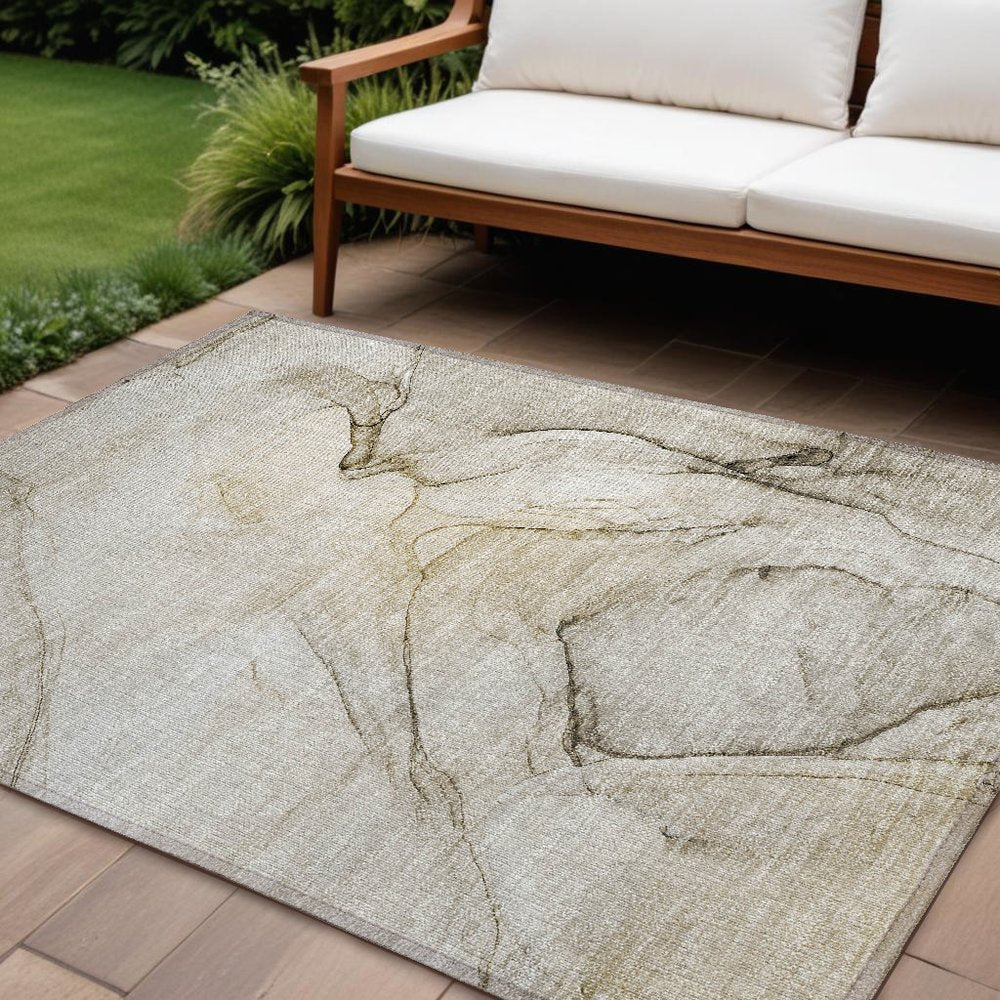 2' X 3' Beige and Gray Abstract Washable Non Skid Indoor Outdoor Area Rug