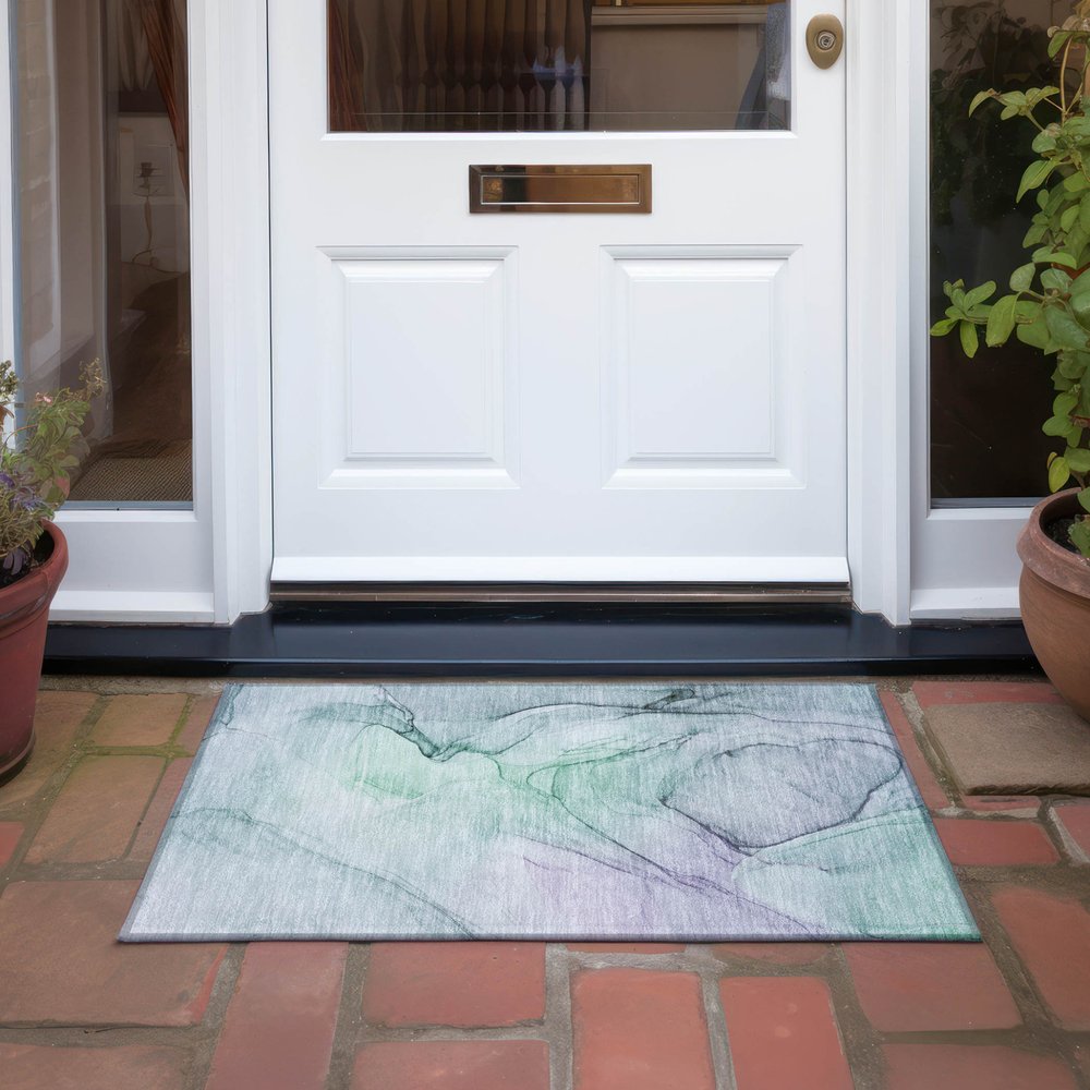2' X 3' Blue and Gray Abstract Washable Non Skid Indoor Outdoor Area Rug