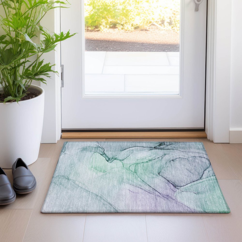 2' X 3' Blue and Gray Abstract Washable Non Skid Indoor Outdoor Area Rug