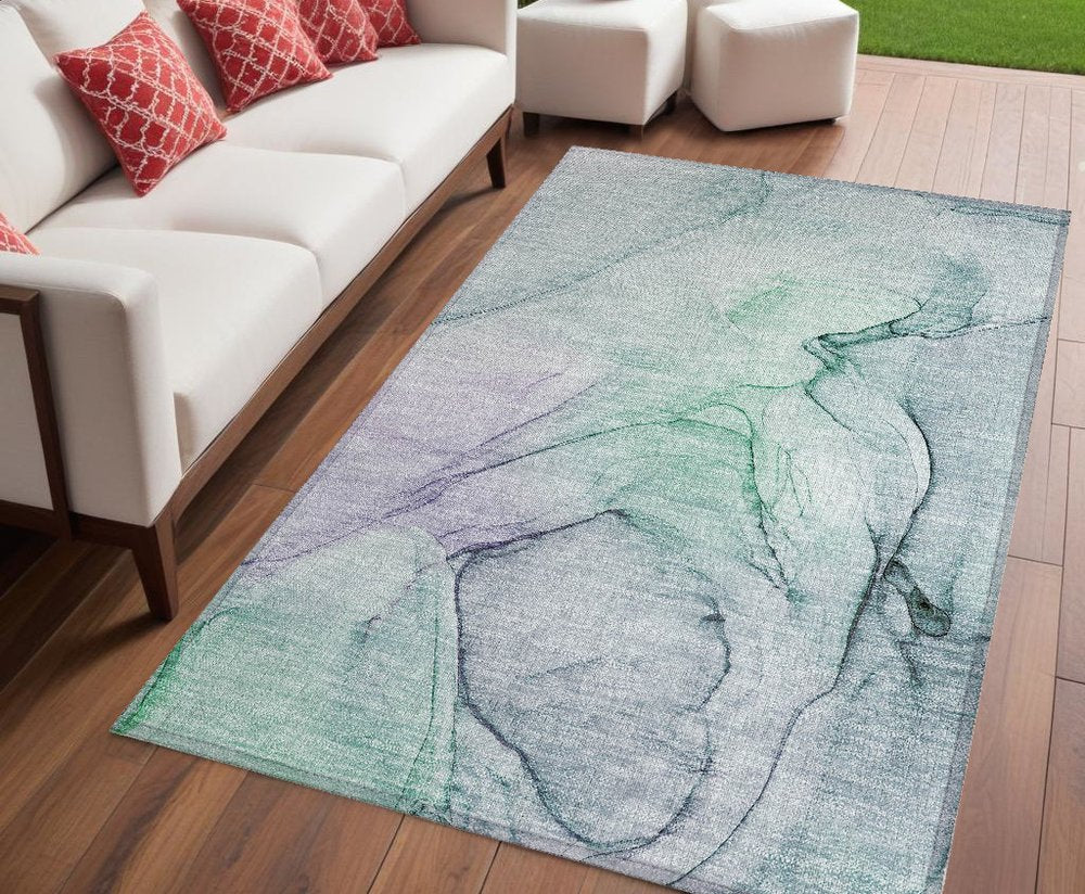 2' X 3' Blue and Gray Abstract Washable Non Skid Indoor Outdoor Area Rug