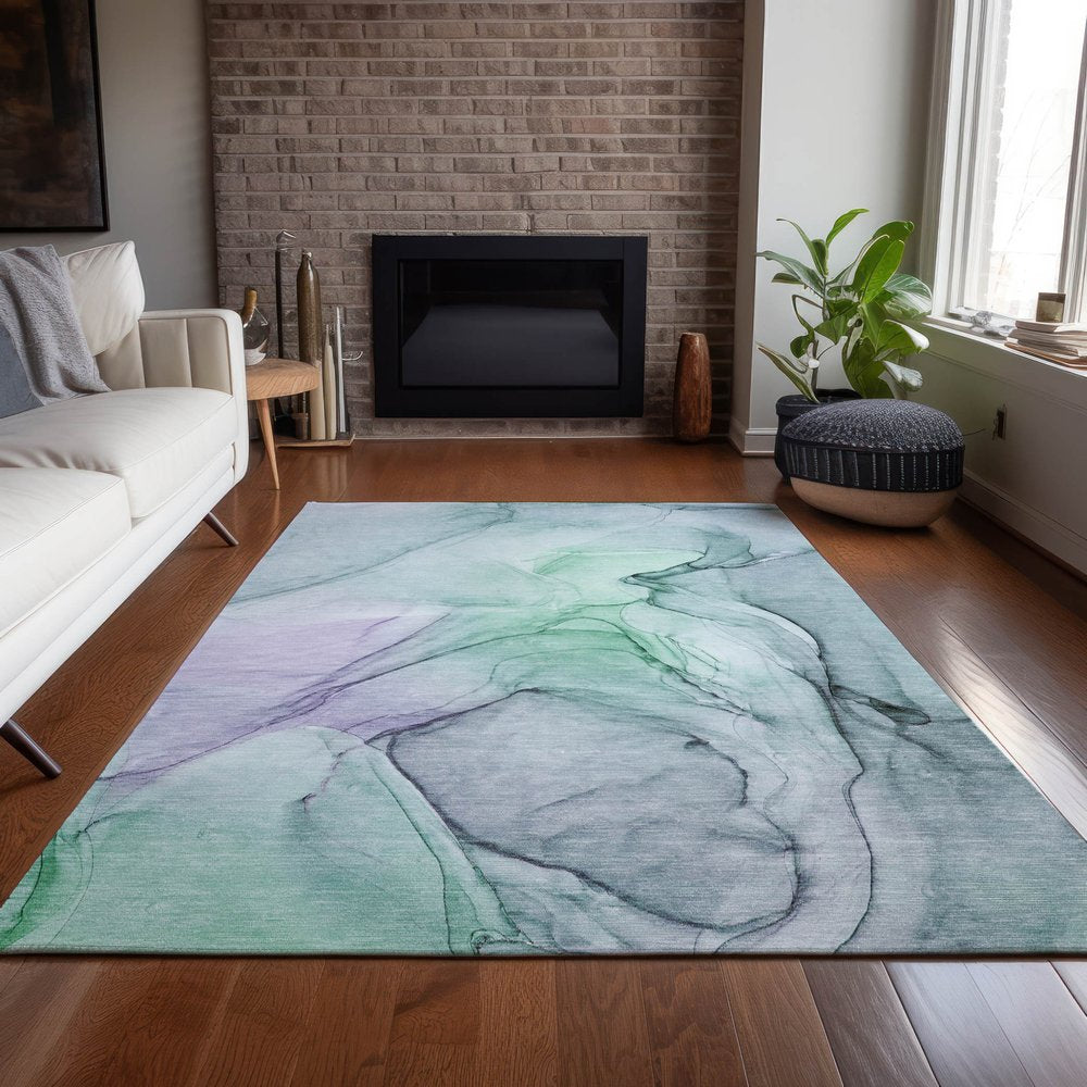 2' X 3' Blue and Gray Abstract Washable Non Skid Indoor Outdoor Area Rug