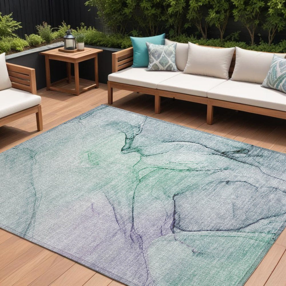 2' X 3' Blue and Gray Abstract Washable Non Skid Indoor Outdoor Area Rug