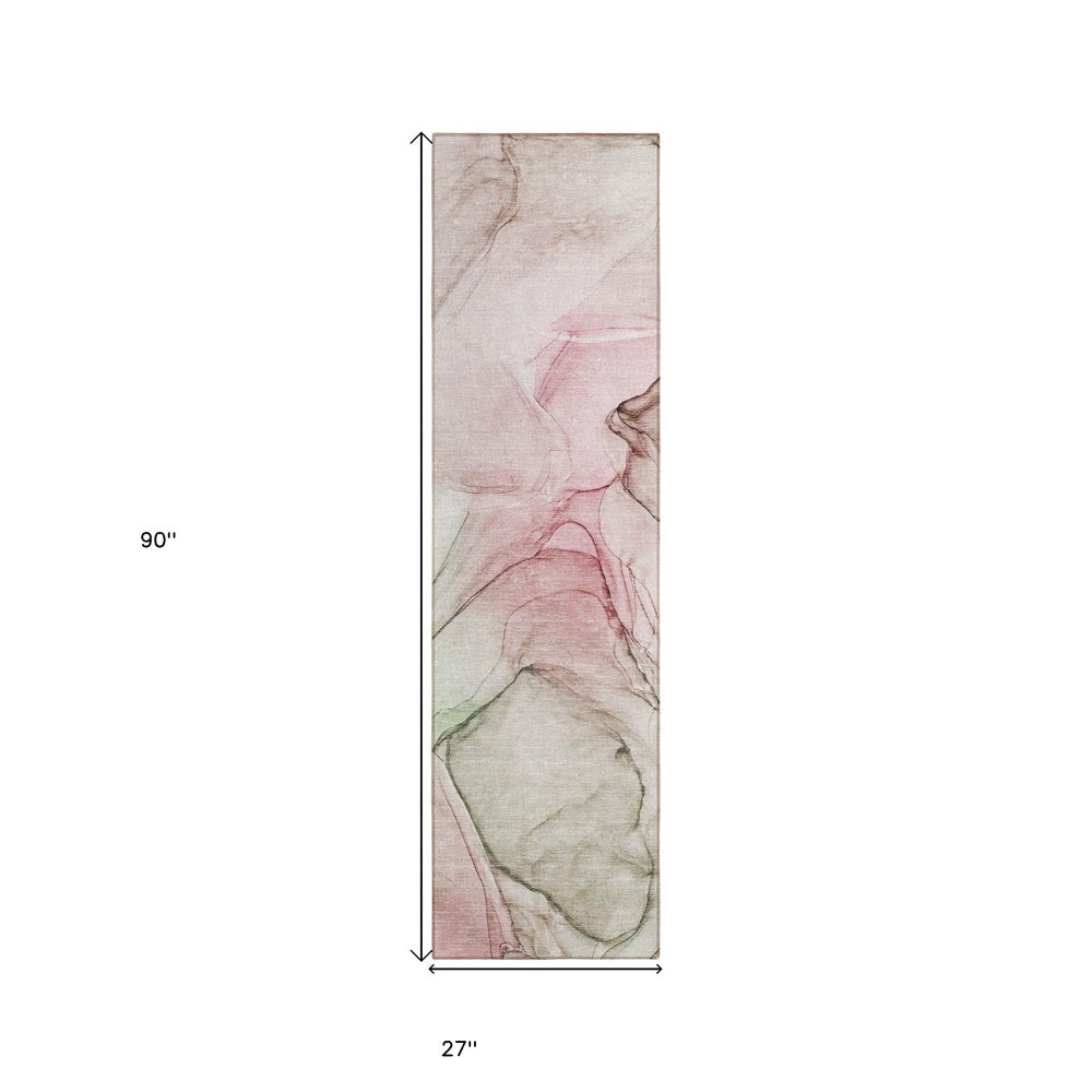 8' Runner Beige and Gray Abstract Washable Non Skid Indoor Outdoor Runner Rug
