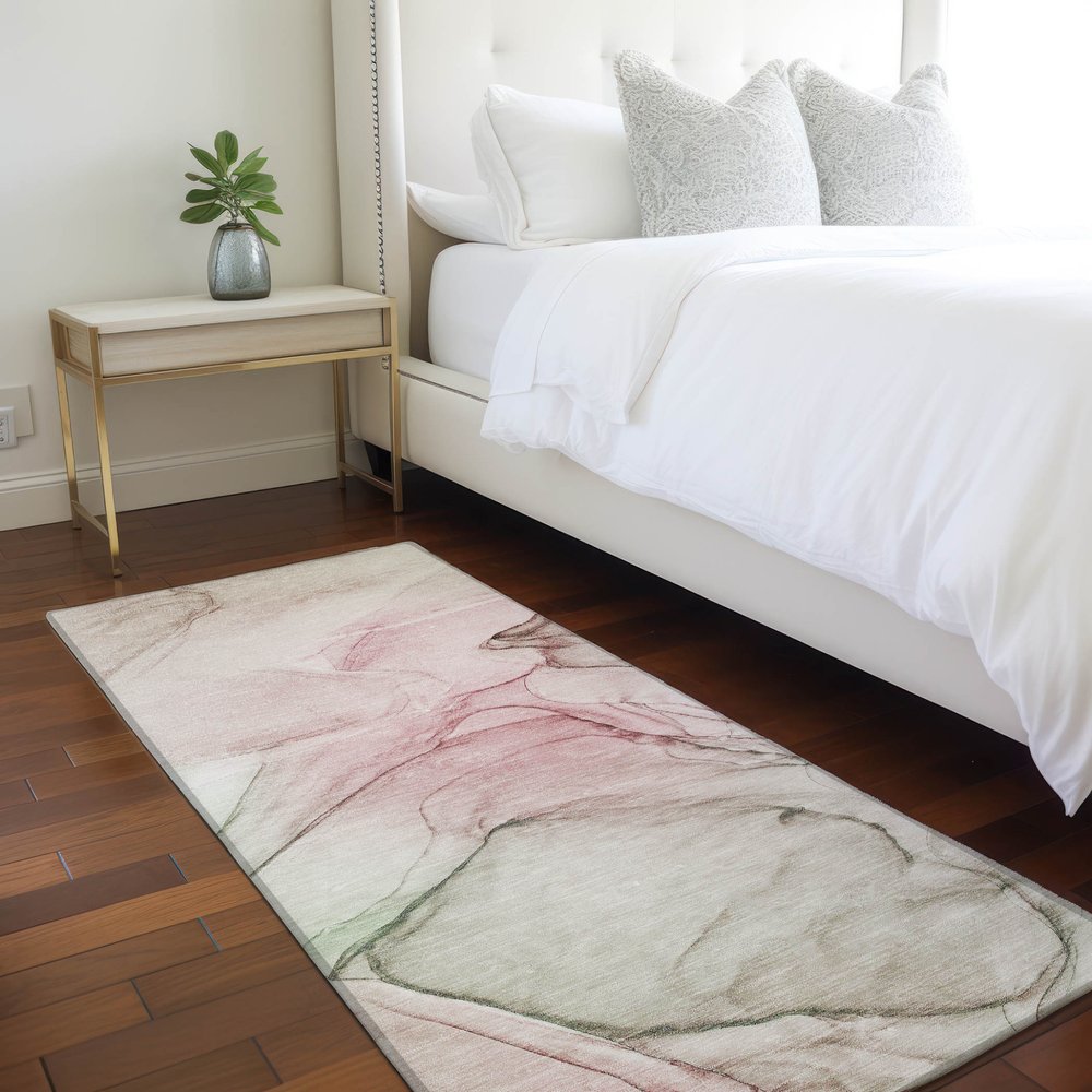 8' Runner Beige and Gray Abstract Washable Non Skid Indoor Outdoor Runner Rug