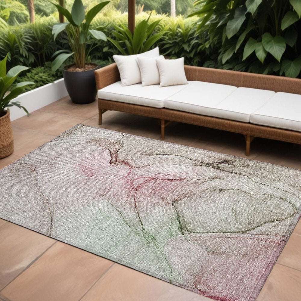 2' X 3' Gray and Pink Abstract Washable Non Skid Indoor Outdoor Area Rug