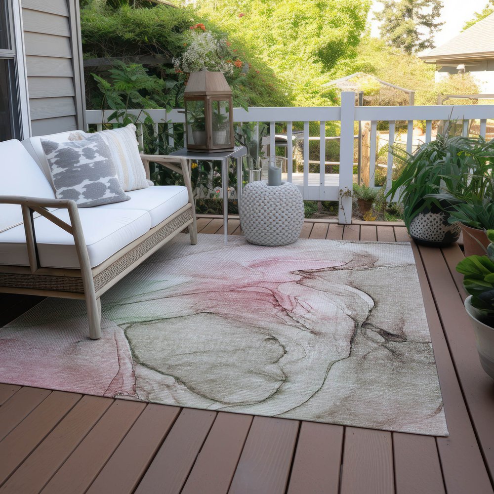 2' X 3' Gray and Pink Abstract Washable Non Skid Indoor Outdoor Area Rug