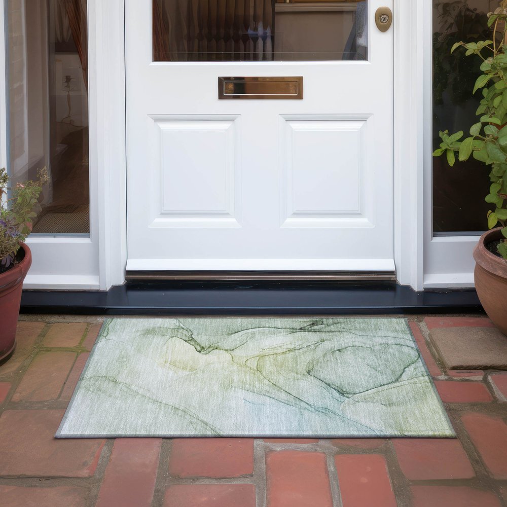 2' X 3' Green Abstract Washable Non Skid Indoor Outdoor Area Rug
