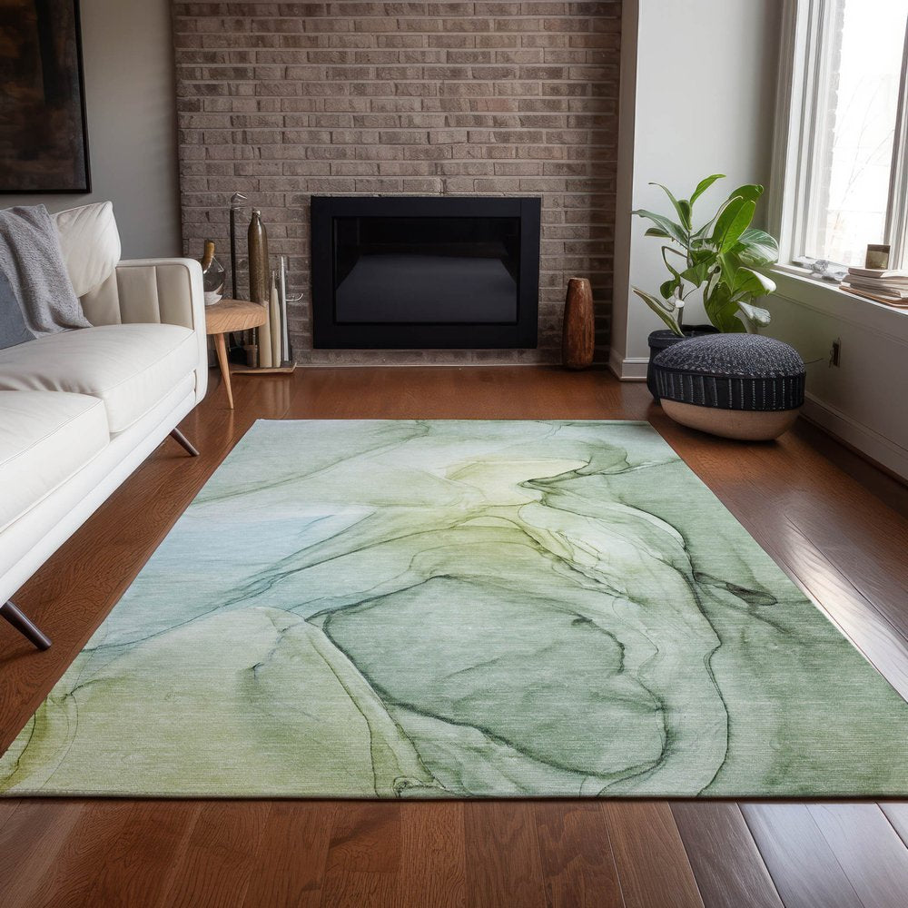 2' X 3' Green Abstract Washable Non Skid Indoor Outdoor Area Rug