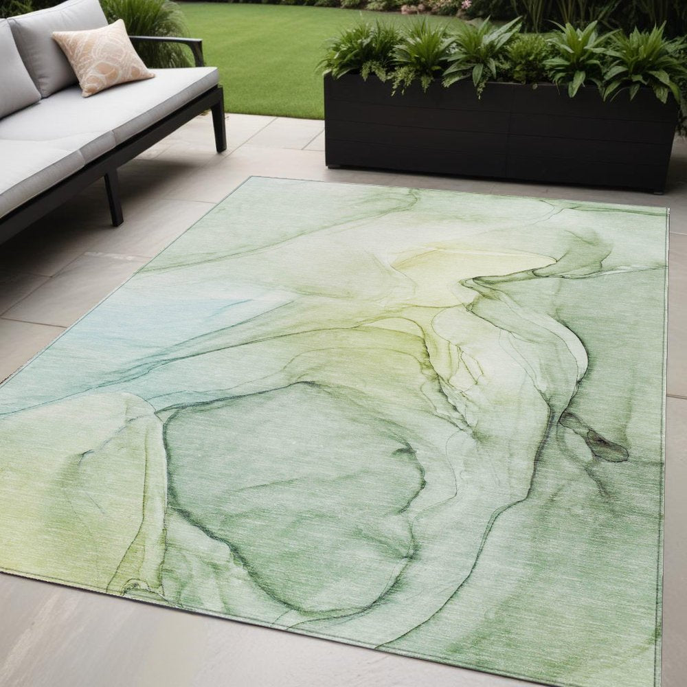 2' X 3' Green Abstract Washable Non Skid Indoor Outdoor Area Rug