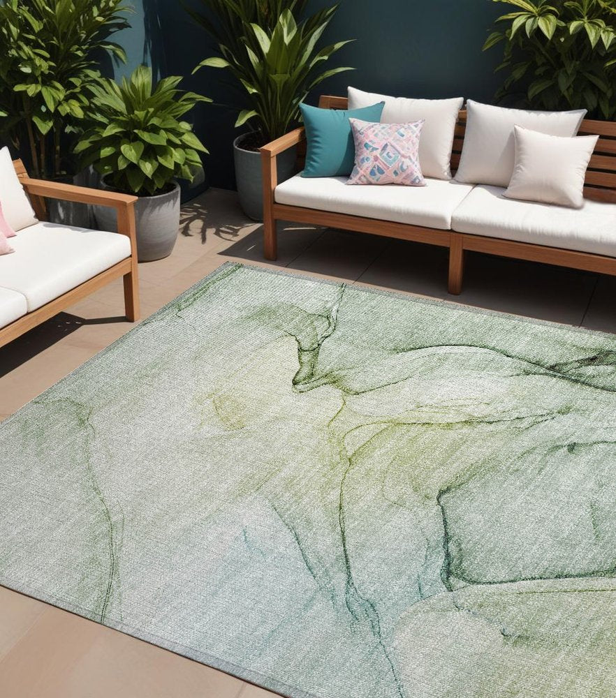 2' X 3' Green Abstract Washable Non Skid Indoor Outdoor Area Rug