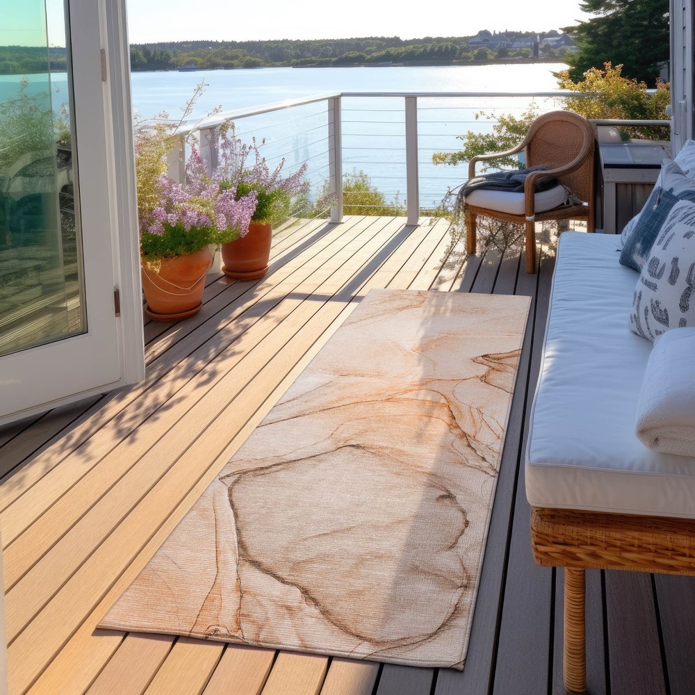 8' Runner Beige and Gray Abstract Washable Non Skid Indoor Outdoor Runner Rug