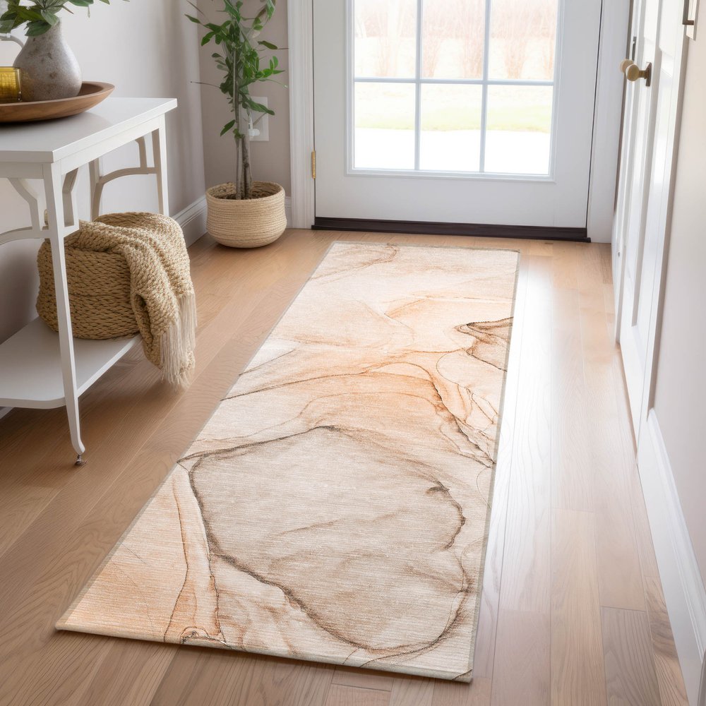 8' Runner Beige and Gray Abstract Washable Non Skid Indoor Outdoor Runner Rug