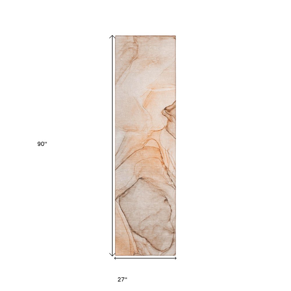 8' Runner Beige and Gray Abstract Washable Non Skid Indoor Outdoor Runner Rug