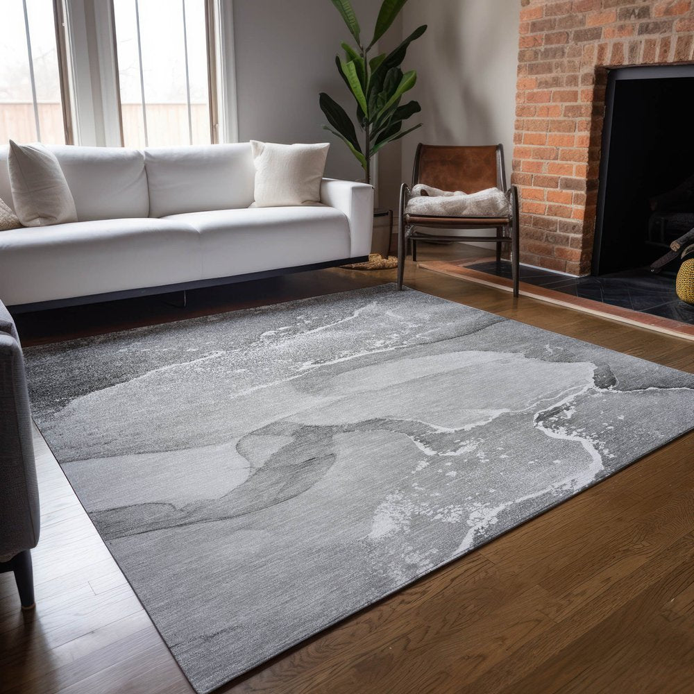 5' X 8' Gray and Ivory Abstract Washable Non Skid Indoor Outdoor Area Rug