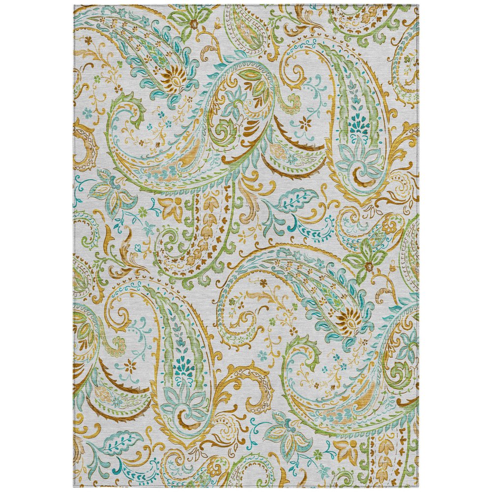 5' X 8' Ivory and Gold Paisley Washable Non Skid Indoor Outdoor Area Rug
