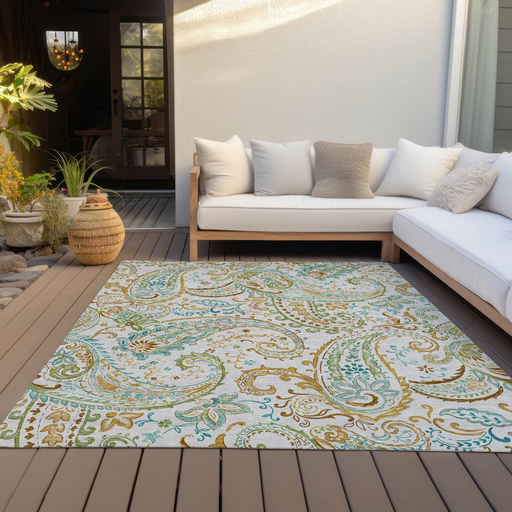 5' X 8' Ivory and Gold Paisley Washable Non Skid Indoor Outdoor Area Rug