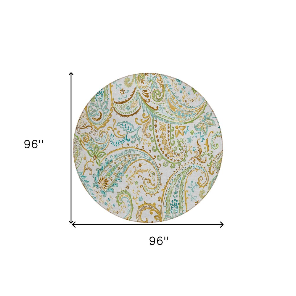 5' X 8' Ivory and Gold Paisley Washable Non Skid Indoor Outdoor Area Rug