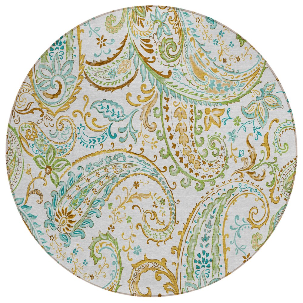 5' X 8' Ivory and Gold Paisley Washable Non Skid Indoor Outdoor Area Rug