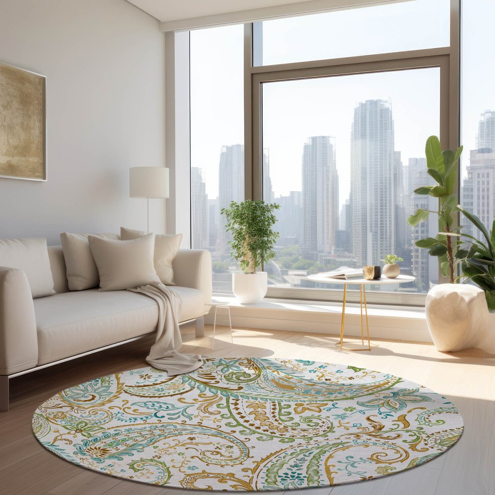 5' X 8' Ivory and Gold Paisley Washable Non Skid Indoor Outdoor Area Rug