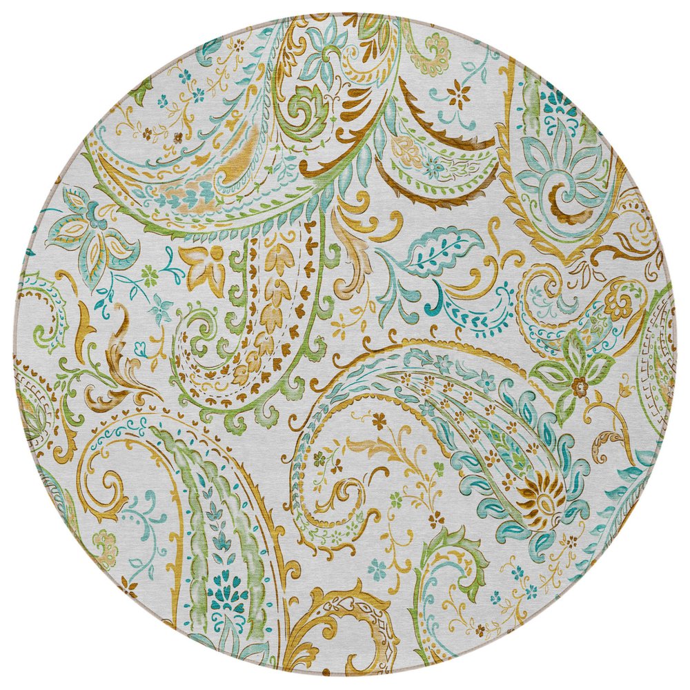 5' X 8' Ivory and Gold Paisley Washable Non Skid Indoor Outdoor Area Rug