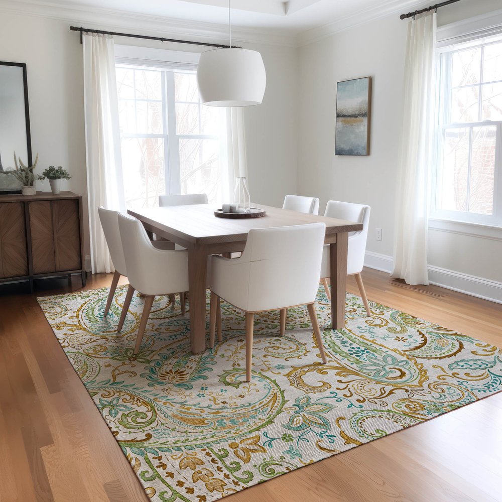 5' X 8' Ivory and Gold Paisley Washable Non Skid Indoor Outdoor Area Rug