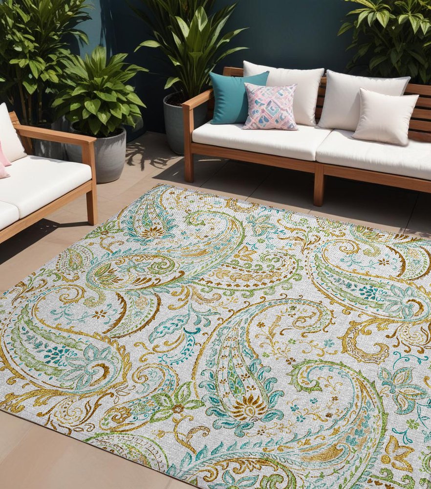 5' X 8' Ivory and Gold Paisley Washable Non Skid Indoor Outdoor Area Rug