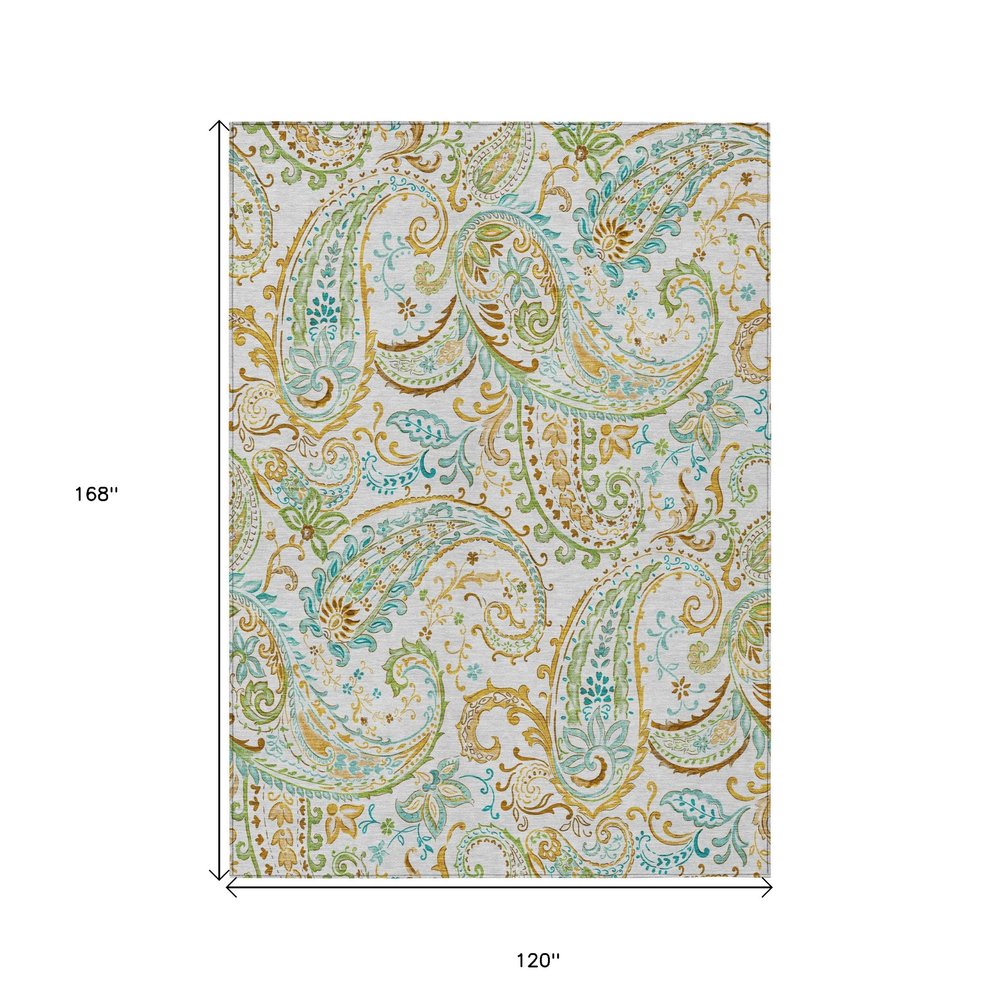 5' X 8' Ivory and Gold Paisley Washable Non Skid Indoor Outdoor Area Rug