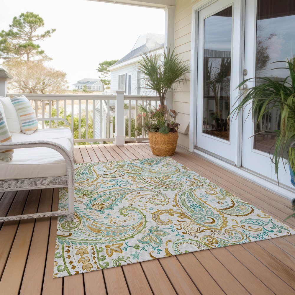5' X 8' Ivory and Gold Paisley Washable Non Skid Indoor Outdoor Area Rug