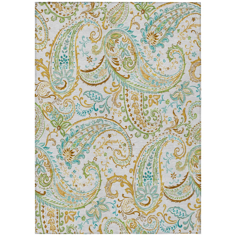 5' X 8' Ivory and Gold Paisley Washable Non Skid Indoor Outdoor Area Rug