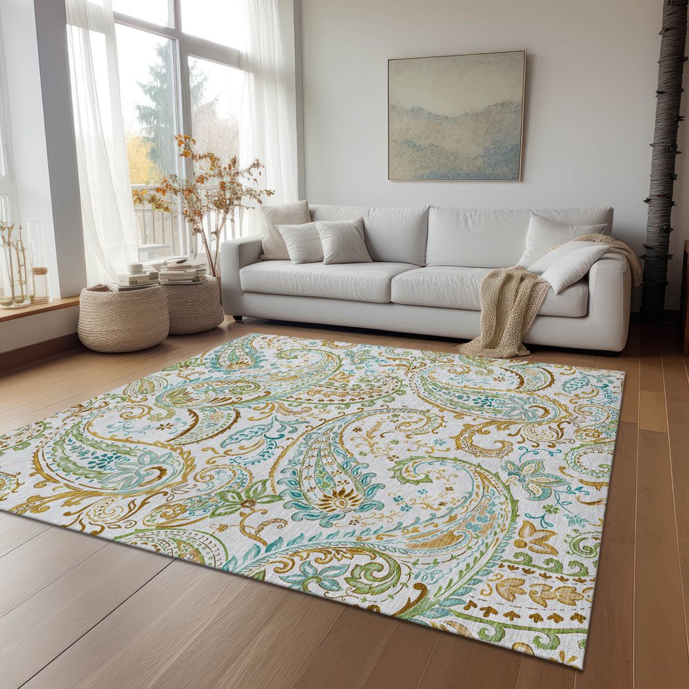 5' X 8' Ivory and Gold Paisley Washable Non Skid Indoor Outdoor Area Rug