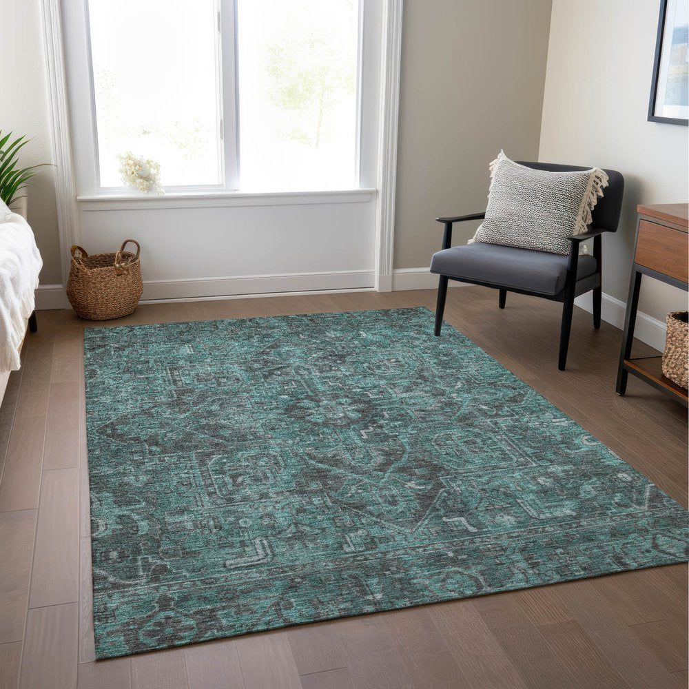 10' X 14' Turquoise Oriental Washable Non Skid Indoor Outdoor Area Rug