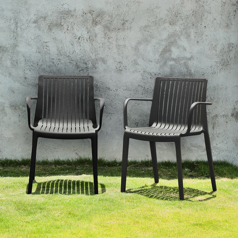 Set of Two Black Heavy Duty Plastic Outdoor Stacking Arm Chairs