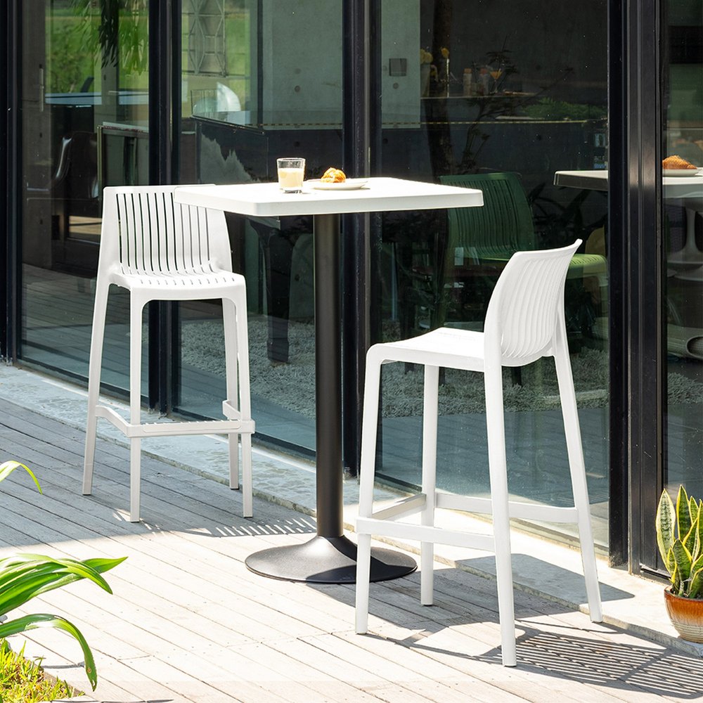 Set of Two 30" White Heavy Duty Plastic Low Back Outdoor Bar Height Chairs