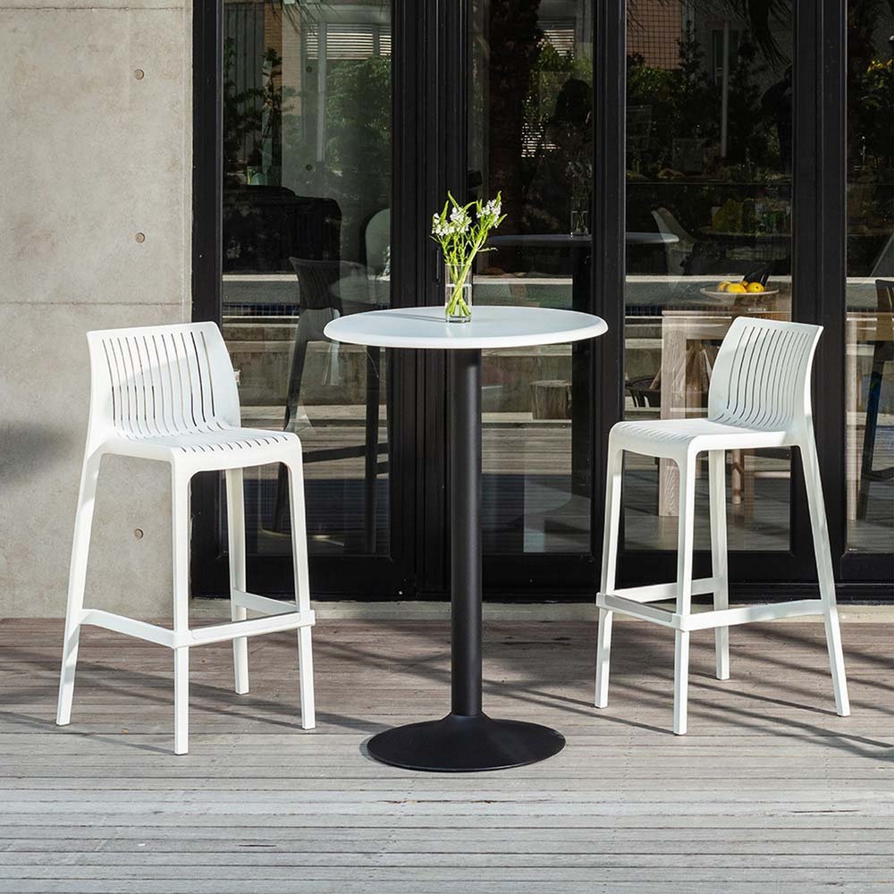 Set of Two 30" White Heavy Duty Plastic Low Back Outdoor Bar Height Chairs