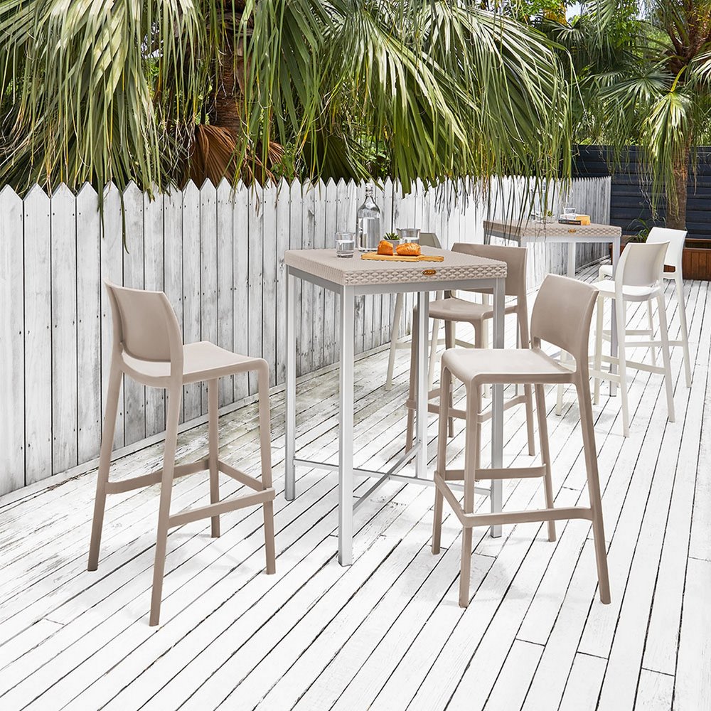 Set of Two 30" Taupe Heavy Duty Plastic Low Back Outdoor Bar Height Chairs