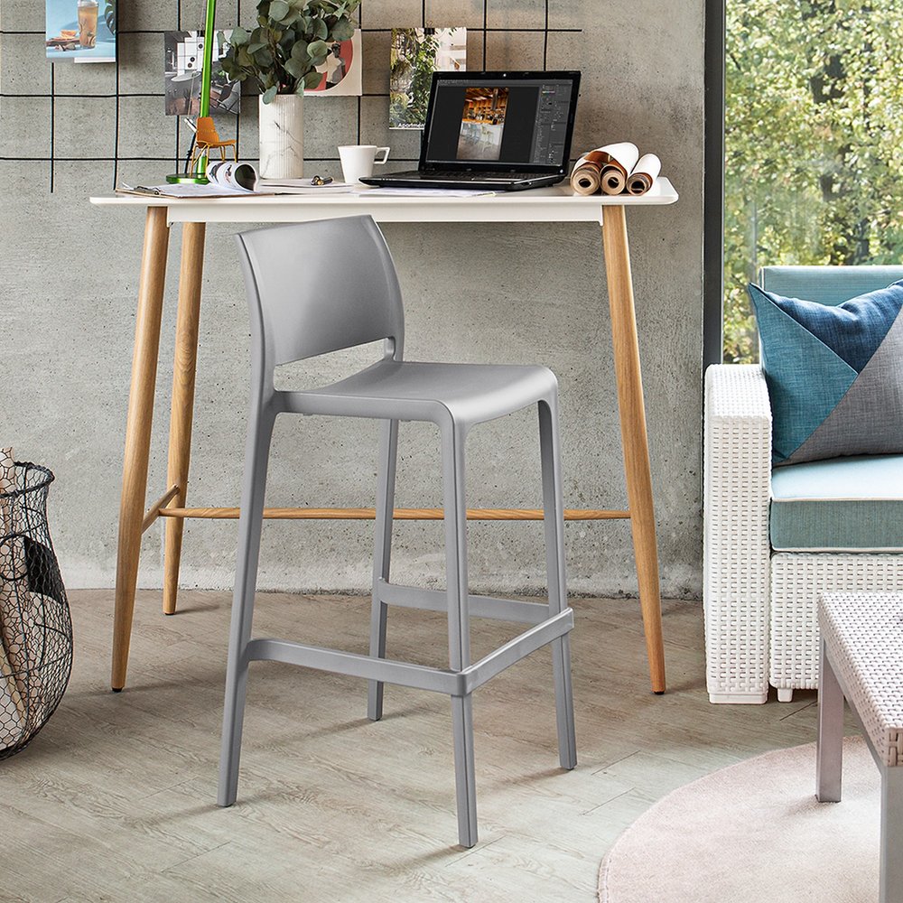 Set of Two 30" Gray Heavy Duty Plastic Low Back Outdoor Bar Height Chairs